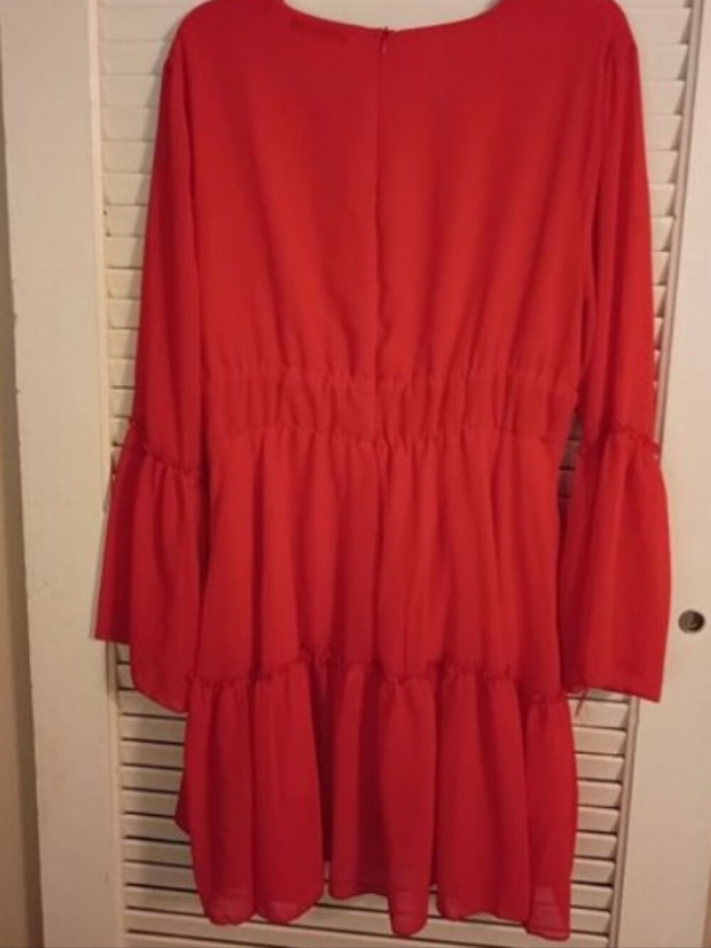 BloomChic Red V-Neck Tiered Mini Dress with Puff Sleeves - Picture 5 of 7